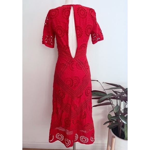 ASOS Premium Broderie Fabric Lace Eyelet Cocktail Red Cotton Midi Dress US 4 - Picture 7 of 12
